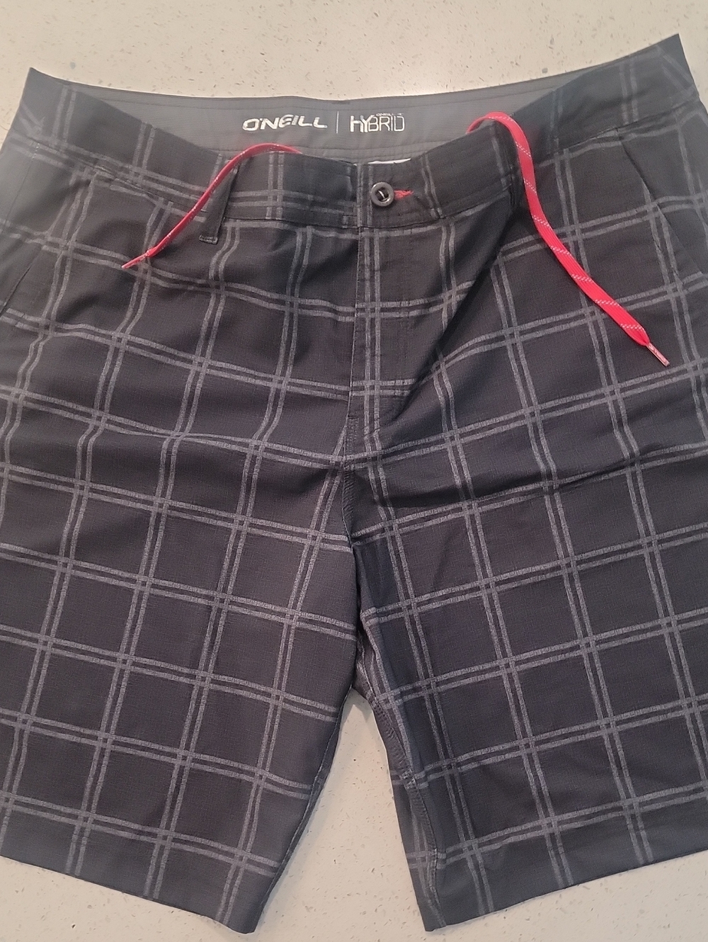 O'Neill Black Plaid Hybrid Shorts with Red Drawcord